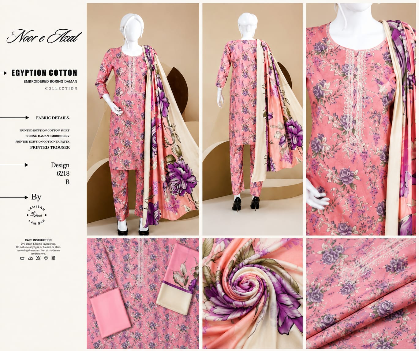 Noor-e-azal Pink Floral Embroidered Egyptian Cotton 3-Piece Suit