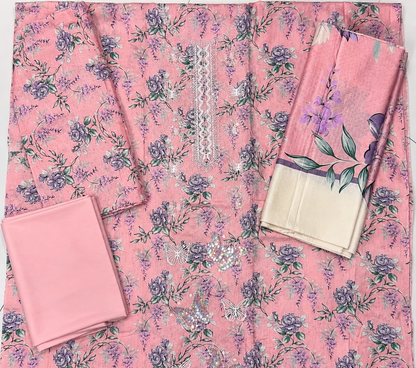 Noor-e-azal Pink Floral Embroidered Egyptian Cotton 3-Piece Suit