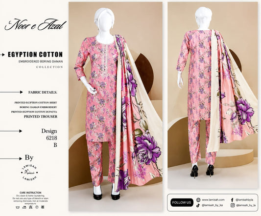Noor-e-azal Pink Floral Embroidered Egyptian Cotton 3-Piece Suit