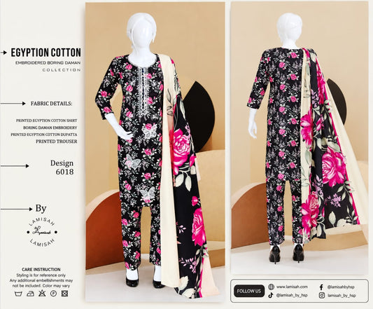 Black Floral Printed Egyptian Cotton 3-Piece Suit with Embroidered Daman & Printed Dupatta
