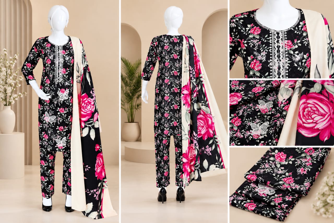 Black Floral Printed Egyptian Cotton 3-Piece Suit with Embroidered Daman & Printed Dupatta