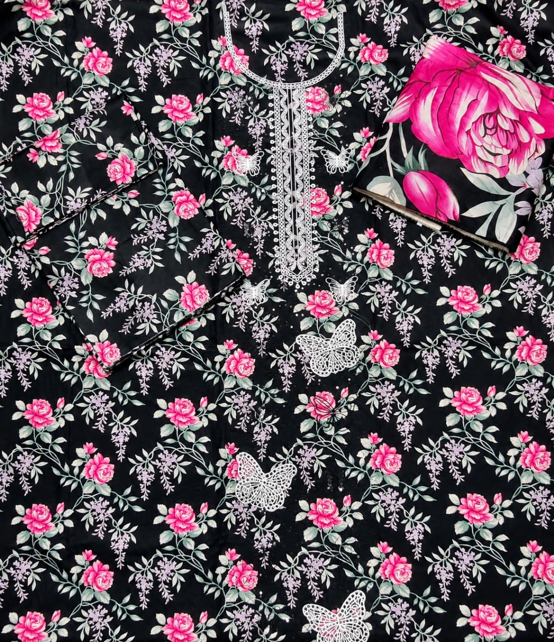 Black Floral Printed Egyptian Cotton 3-Piece Suit with Embroidered Daman & Printed Dupatta