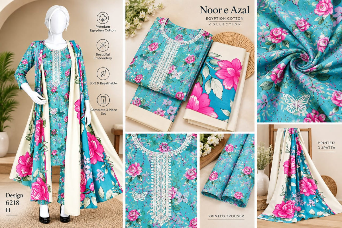 Noor-e-azal Embroidered Egyptian Cotton 3-Piece Suit