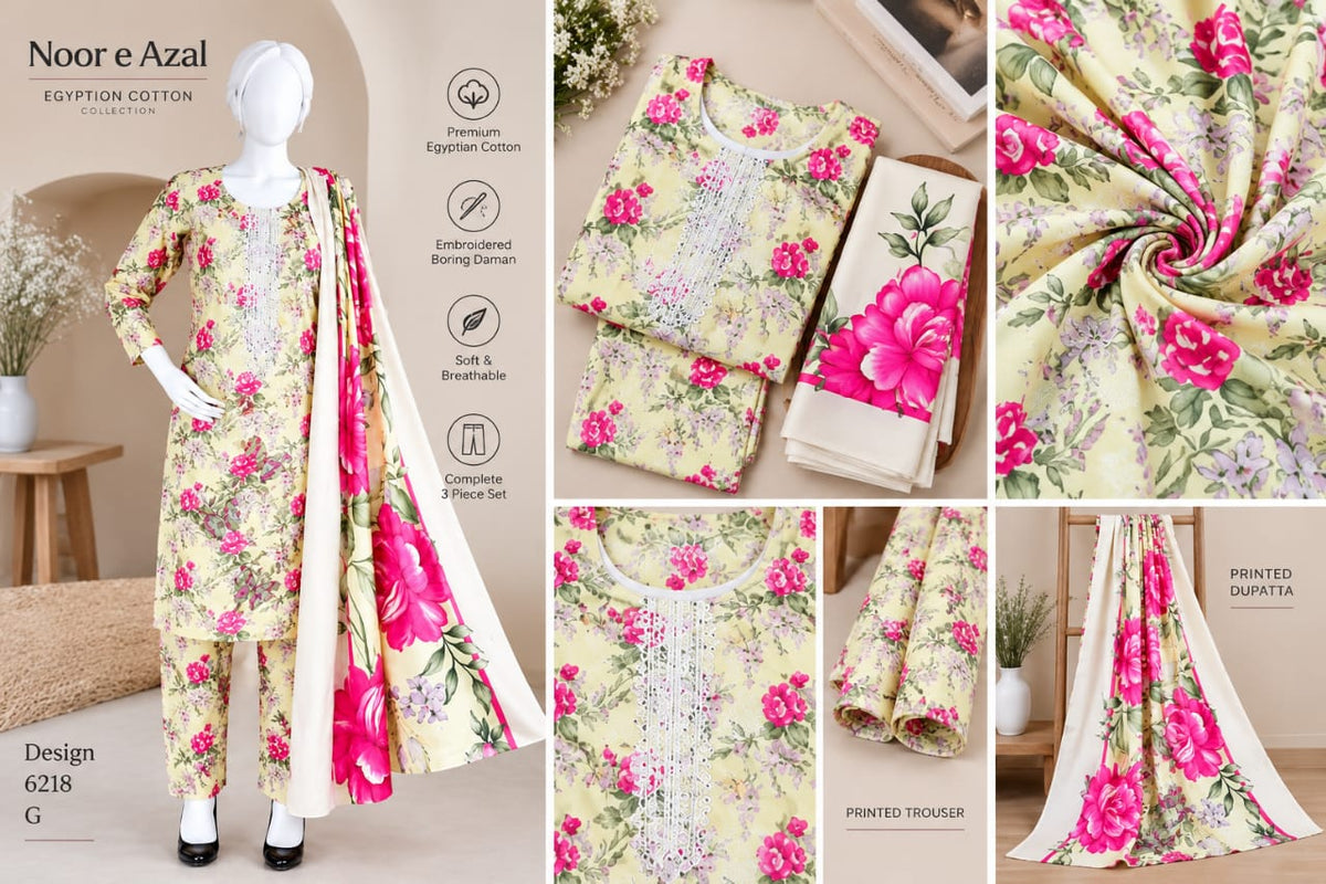 Noor-e-azal Embroidered Egyptian Cotton 3-Piece Suit