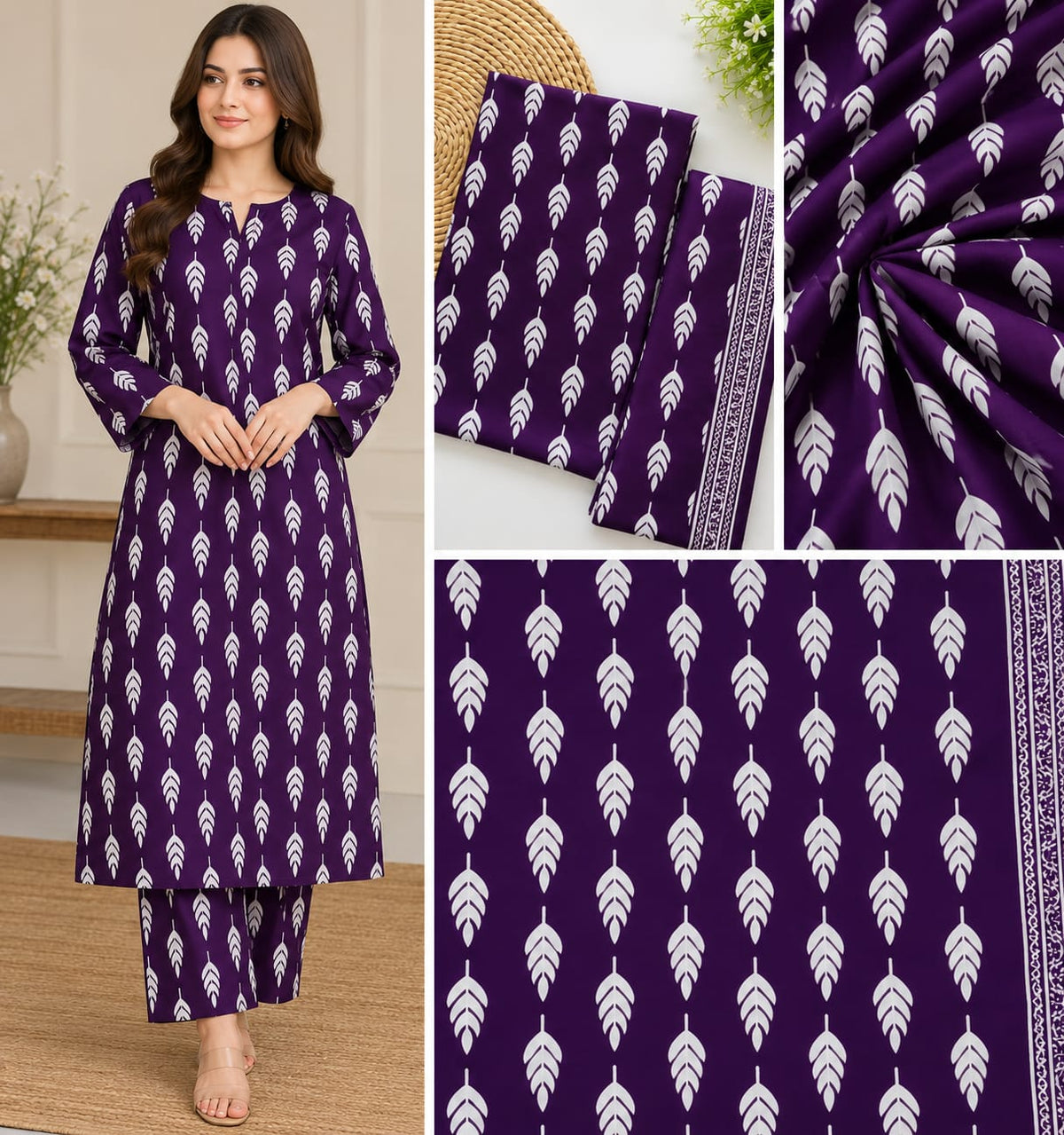 Purple Printed Lawn 2-Piece Unstitched Salwar Kameez – White Leaf Print