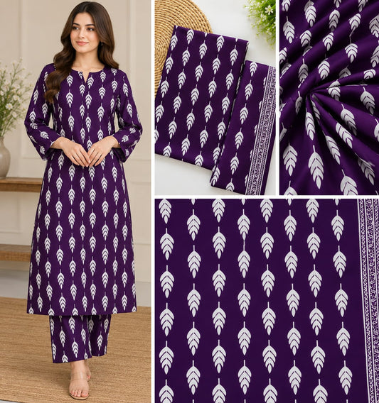 Purple Printed Lawn 2-Piece Unstitched Salwar Kameez – White Leaf Print
