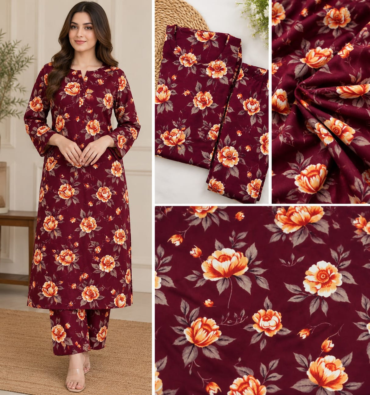 Maroon Floral Printed Lawn 2-Piece Salwar Kameez Suit – Premium Unstitched Fabric