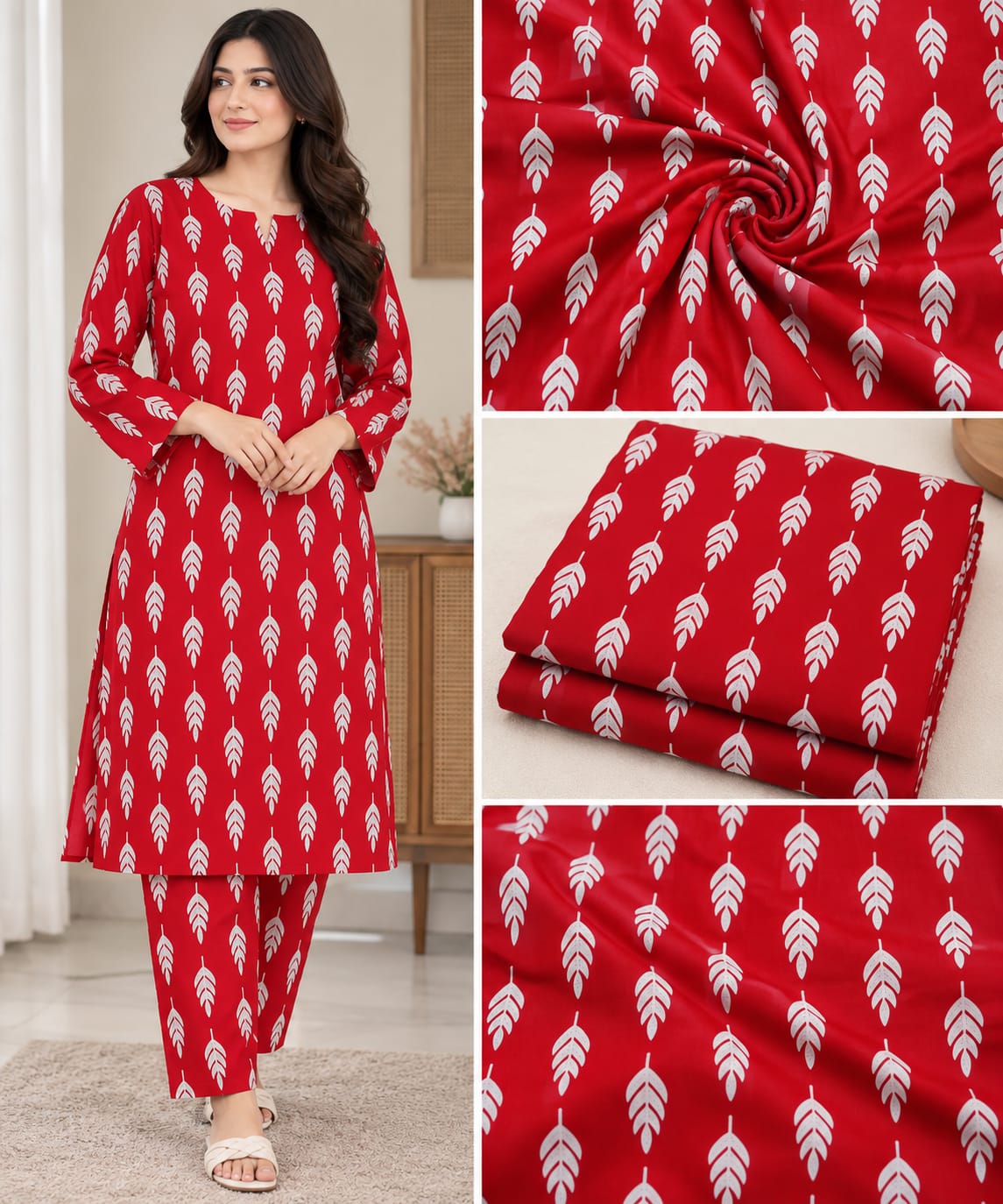 Red Printed Lawn 2-Piece Salwar Kameez Suit – Elegant White Leaf Print