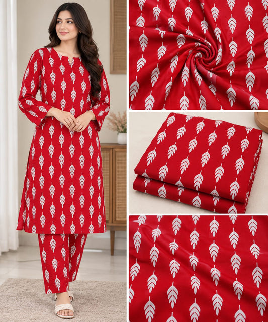 Red Printed Lawn 2-Piece Salwar Kameez Suit – Elegant White Leaf Print