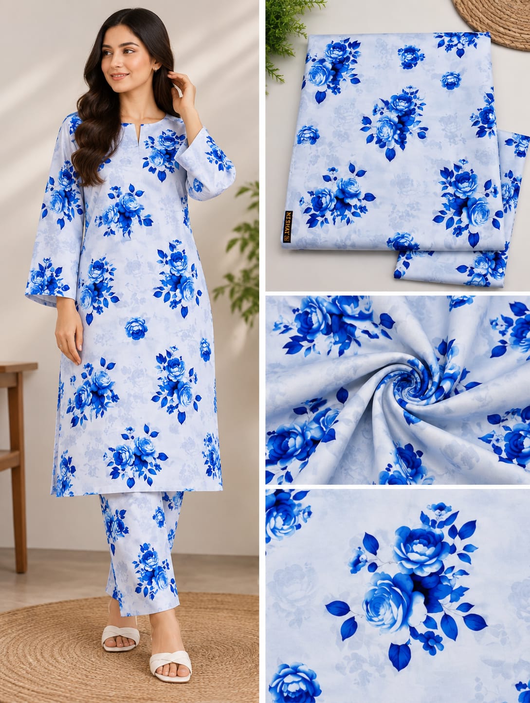 Sky Blue & Royal Blue Floral Printed Lawn 2-Piece Salwar Kameez Suit