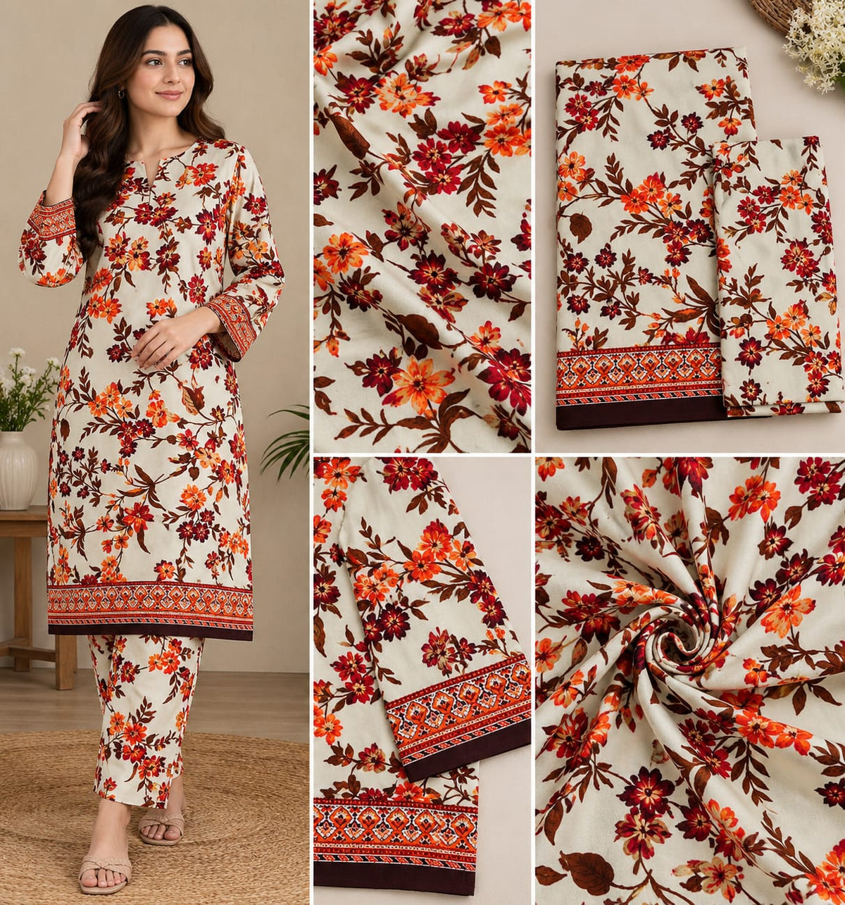 Cream Floral Printed Lawn 2-Piece Salwar Kameez Suit with Traditional Border