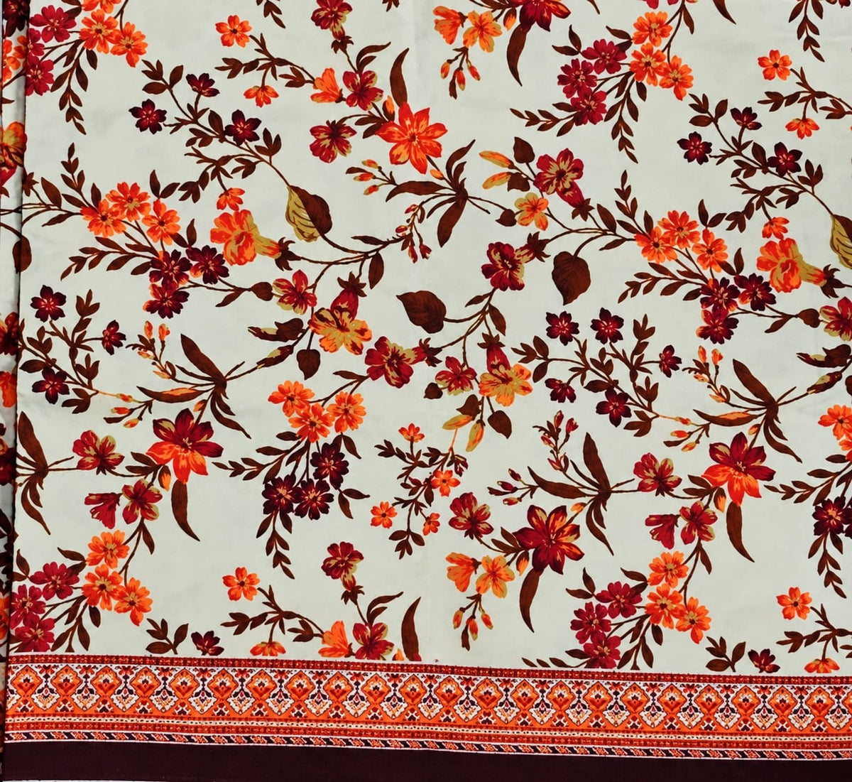 Cream Floral Printed Lawn 2-Piece Salwar Kameez Suit with Traditional Border