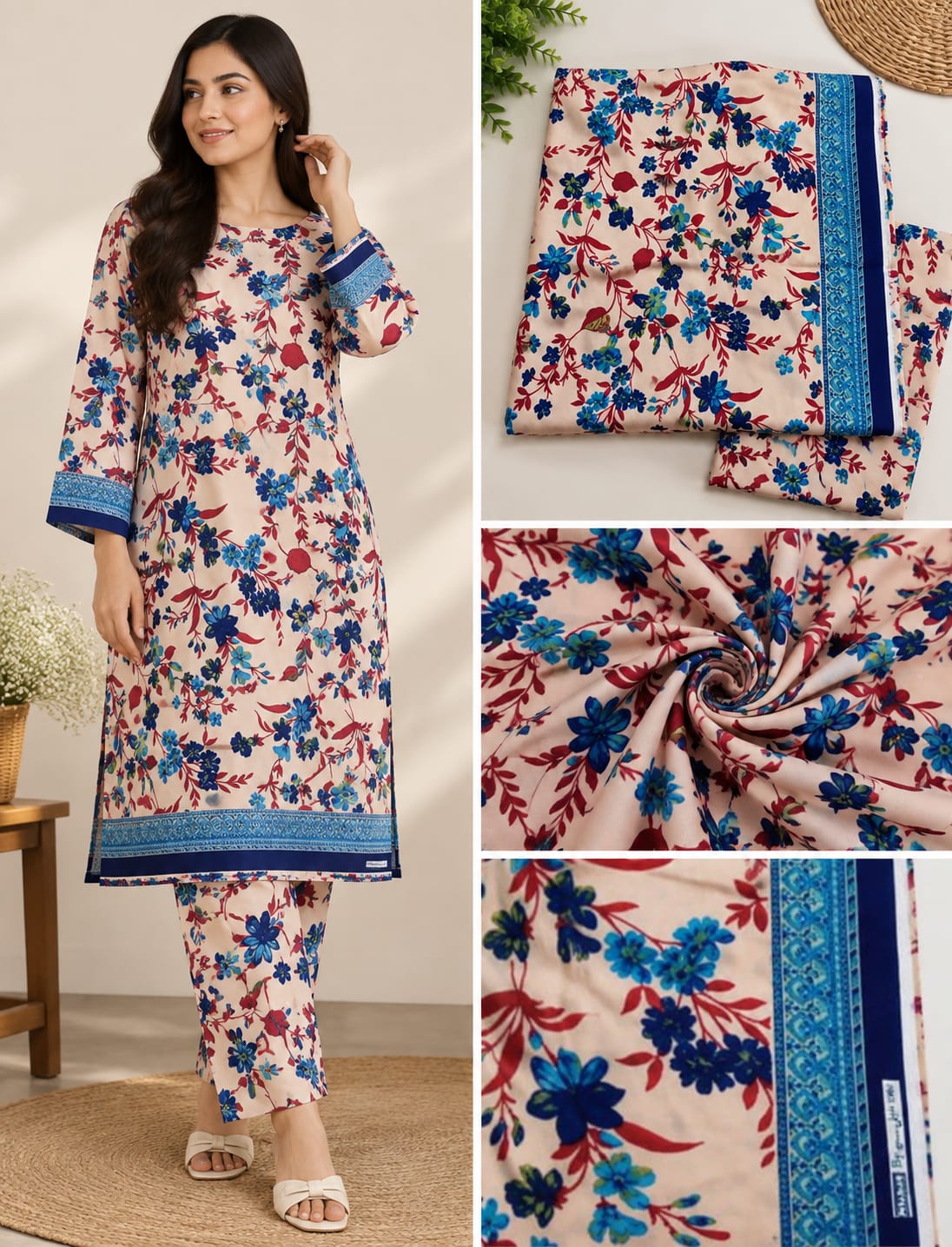 Peach Floral Printed Lawn 2-Piece Salwar Kameez with Blue Traditional Border