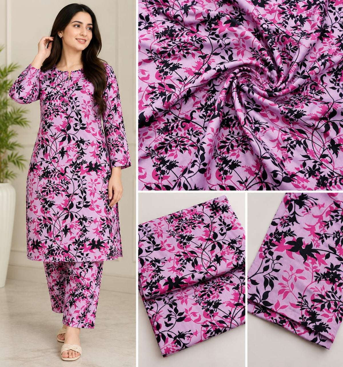 Premium Printed Lawn 2-Piece Suit – Pink Floral Kameez & Salwar