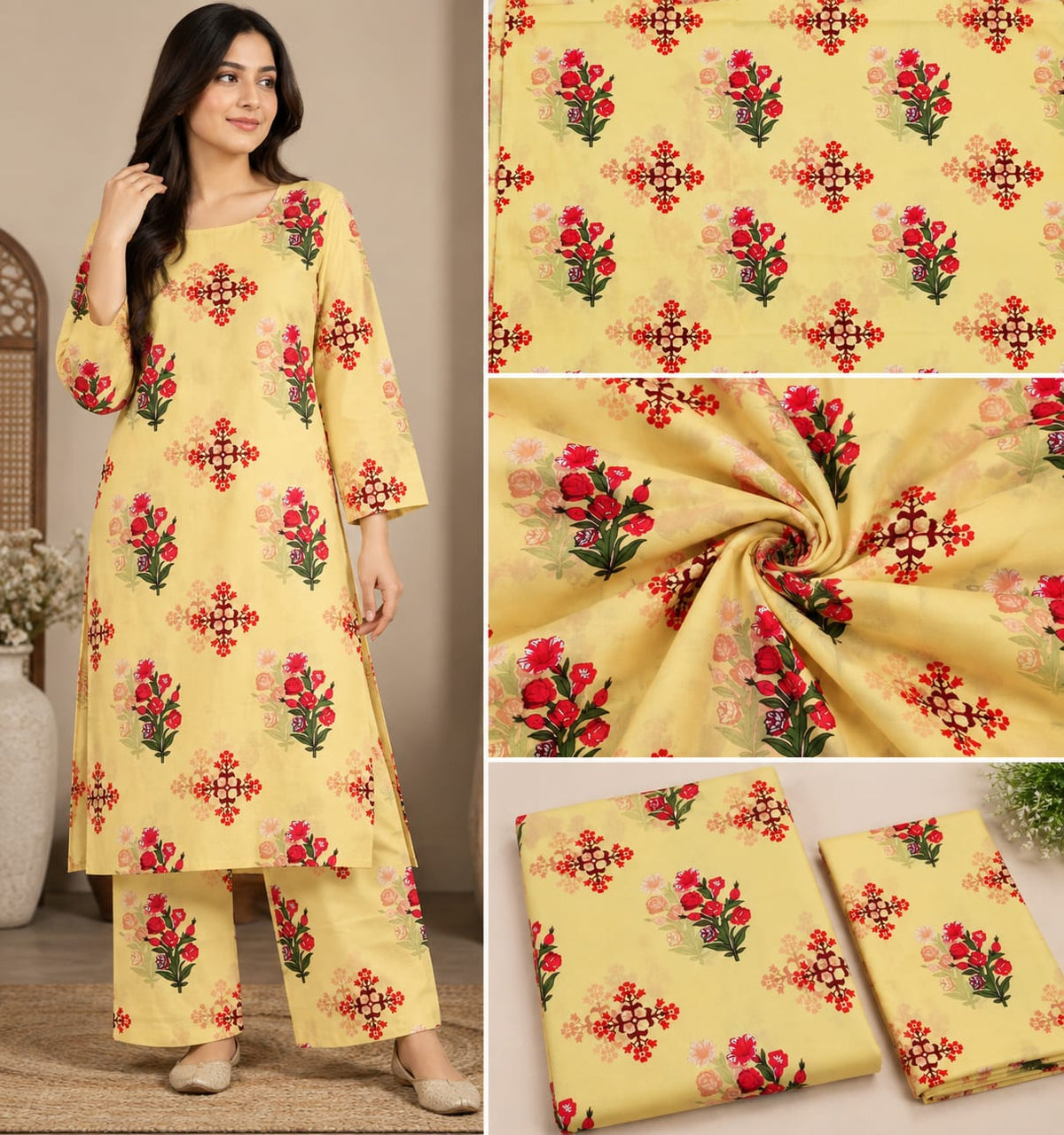 Floral Elegance Printed Lawn 2-Piece Salwar Kameez – Soft Yellow