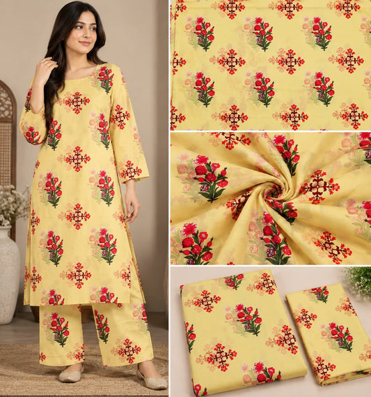 Floral Elegance Printed Lawn 2-Piece Salwar Kameez – Soft Yellow