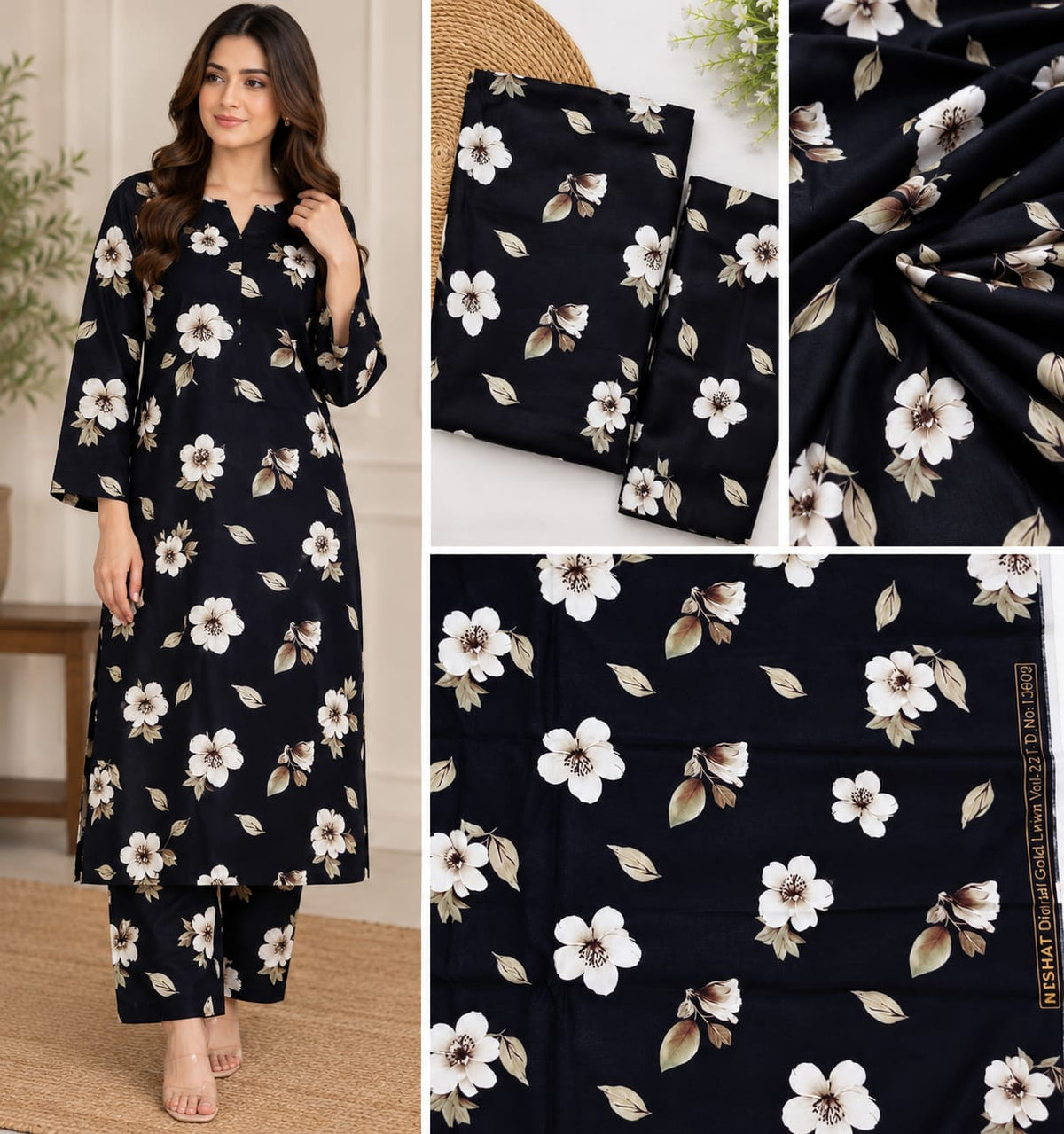 Black Floral Printed Lawn 2-Piece Salwar Kameez