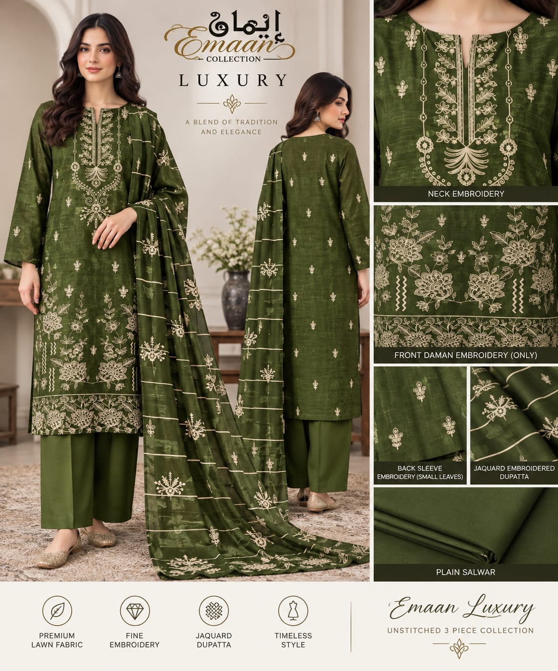 Emaan Luxury – Premium Embroidered 3-Piece Lawn Suit