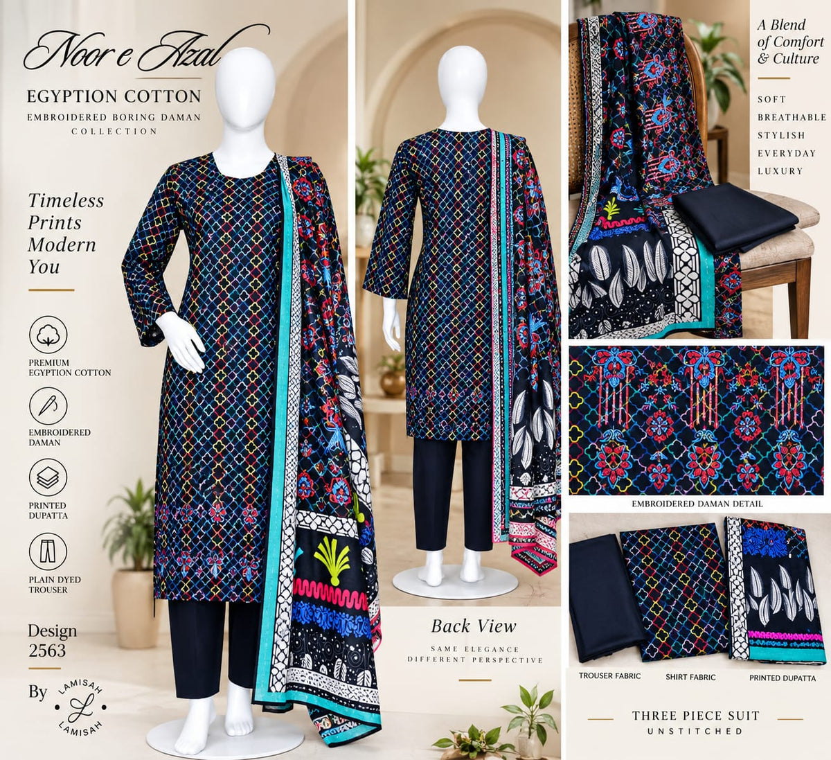 Noor e Azal Egyptian Cotton 3-Piece Embroidered Suit – Design 2563 | Unstitched