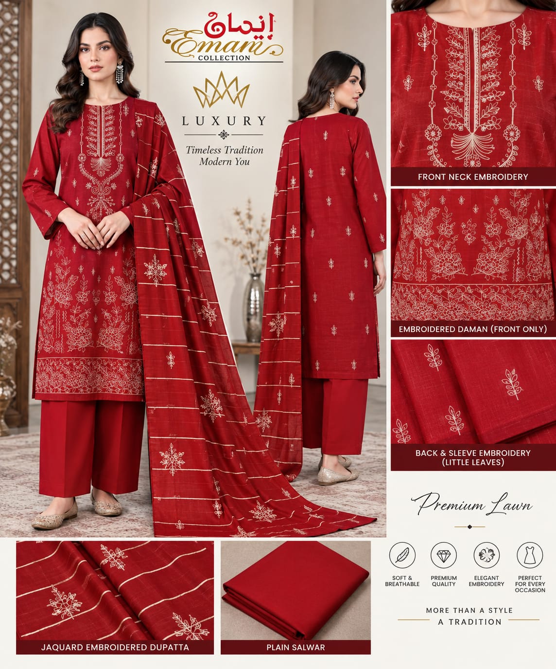 Emaan Luxury – Premium Embroidered 3-Piece Lawn Suit
