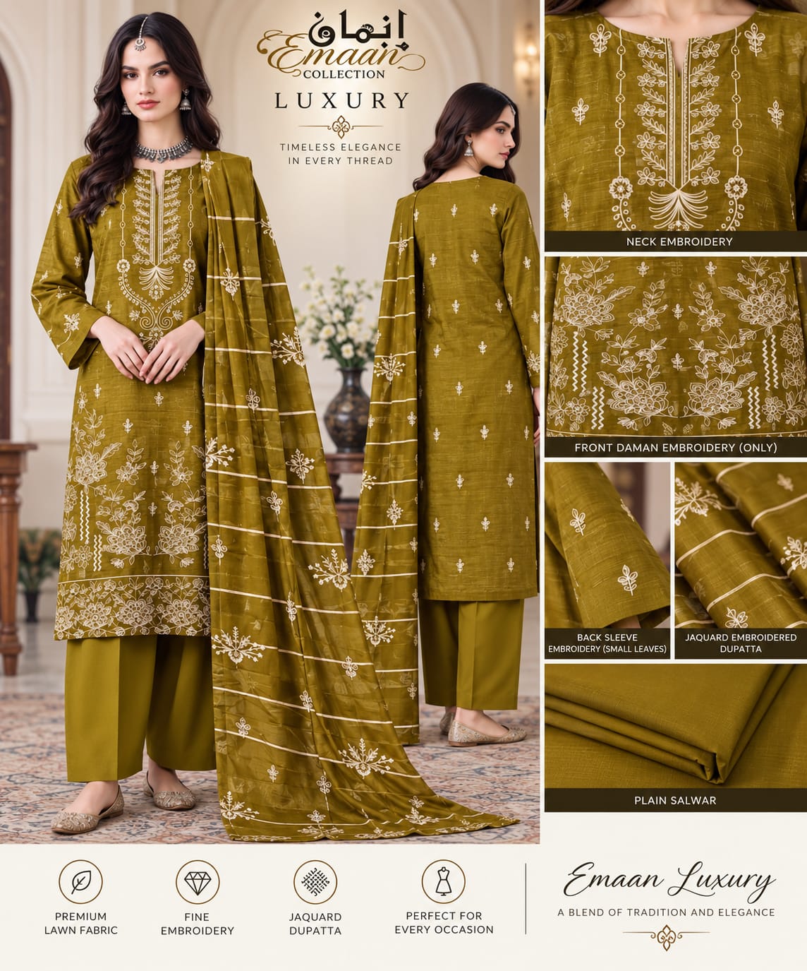 Emaan Luxury – Premium Embroidered 3-Piece Lawn Suit