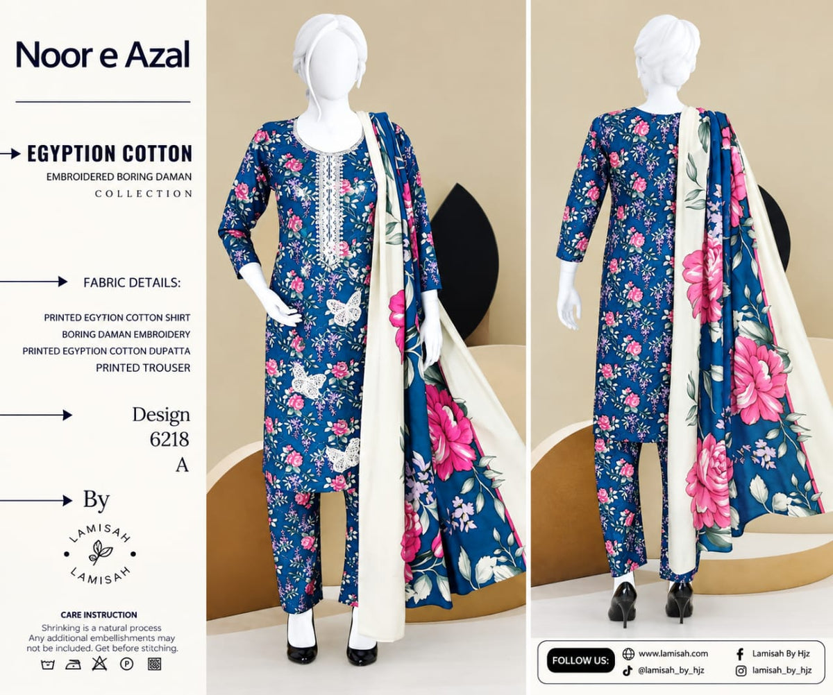Noor-e-azal Embroidered Egyptian Cotton 3-Piece Suit