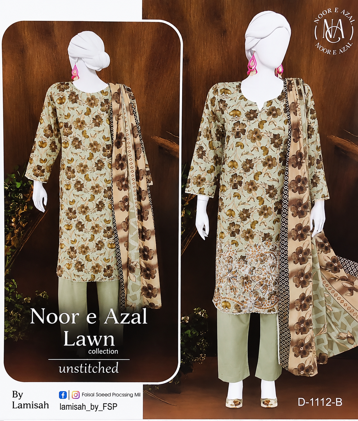 Noor e Azal Floral Printed Lawn 3-Piece Unstitched Suit – D-1112-B